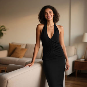 Vestido de verano con cuello en V y temperamento para mujer, ajustado, fino, de Color sólido, elegante, Sexy, sin espalda, vestidos largos - Product Image 1