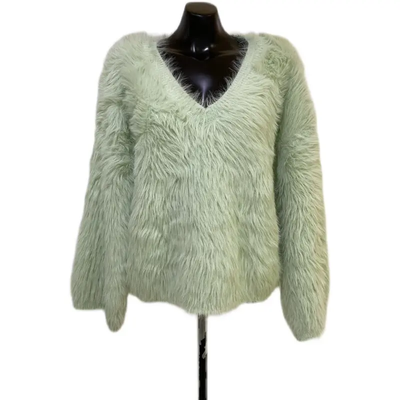 factory custom Winter v-neck plush knitted top women's Korean style gentle loose pullover nylon wool long sleeve sweater