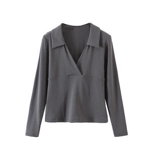 Plus Size Women <b>T</b>-<b>Shirt</b> Deep V-Neck Slim Fit Solid Color Cotton Knitted <b>Long</b> Sleeve <b>Black</b> Gray N8297 - Product Image 2