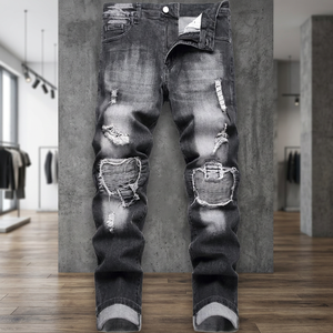 Custom <b>Men's</b> Patchwork Washed Distressed Denim <b>Jeans</b> <b>High</b> <b>Waist</b> Breathable Casual Trousers Straight Fit Ripped Pants - Product Image 4