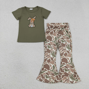 Conjunto de Pascua para Bebés Niñas: Camisa Verde con Bordado de Conejo y Lazo, y Pantalones Camuflaje Acampanados - ¡En Stock! - Product Image 1