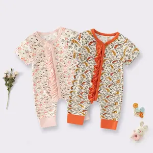 Romper lengan pendek bayi baru lahir, Jumpsuit bambu motif bunga bayi baru lahir musim panas