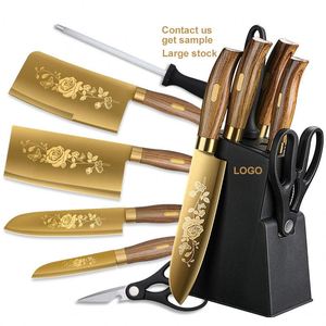 Utensilios de Cocina de Lujo, Juego de Cuchillos de Cocina con Recubrimiento Dorado de Titanio, Cuchillos de Chef de Acero Inoxidable para Cortar Huesos y Rebanar - Product Image 1