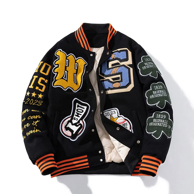 Quilted lined thick letter embroidery loose warm jacket vintage men's baseball varsity jacket letterman coat