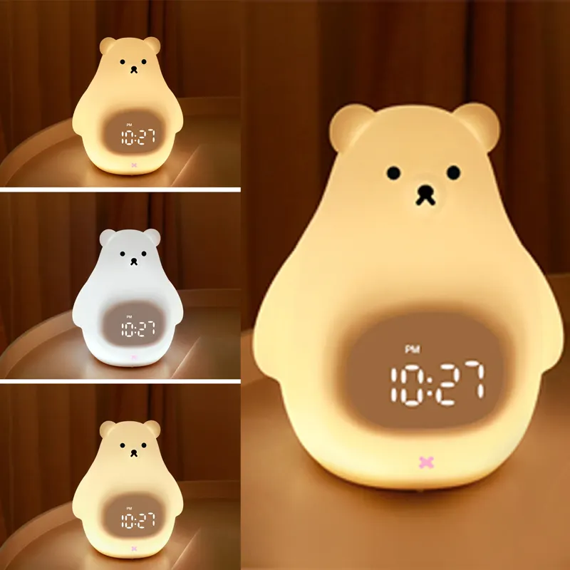 Cartoon Great White Bear Touch Kids Baby Alarm Clock Sleep Trainer for Children's room Night Light Silicone Clock