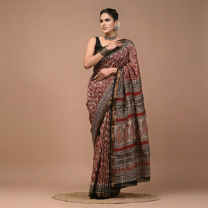 Sari en soie Maheshwari pure imprimé à la main avec pièce de blouse – Élégant soie Maheshwari pure – Vêtement ethnique imprimé à la main - Product Image 1