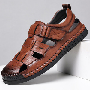 Men's Solid Genuine Leather <b>Flat</b> <b>Sandals</b> Open Toe Buckle Strap Summer Casual Anti Slip Rubber Outsole - Product Image 1