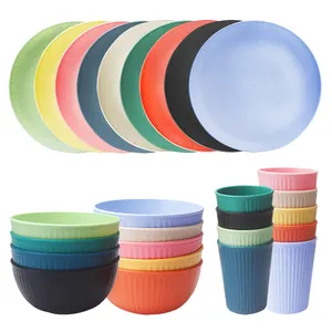 도매 9 색 사용자 정의 로고 식기 BPA 무료 친환경 그릇 접시 컵 세트 밀 밀짚 식기 세트
