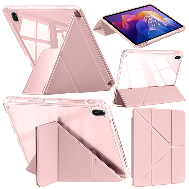 Y- Fold PU Case for Xiaomi Redmi Pad 2 11 Inch 2025 with Pen Holder Shockproof Clear Acrylic Cover 6-in-1 Y-Shaped Trifold Stand
