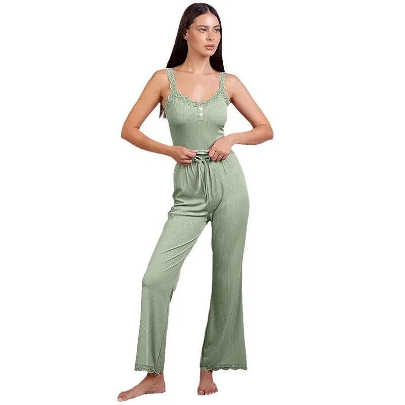 Leisure Women's Solid Lace Pajamas Set Suspender Pants Color Sexy Low Neck Smooth Spicy Girl Home Suit