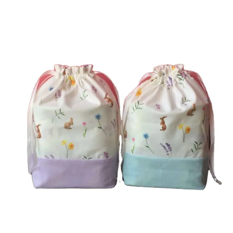 Factory Wholesale Easter Egg Bunny Flower Velvet Bag Easter Gift Basket 28*32CM Drawstring Bag