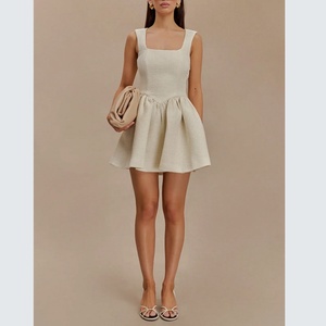 Robe d'été décontractée en coton et lin à col rond, sans manches, brodée, mini, pour femme - Product Image 1