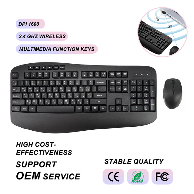 MK345 Compact Ergonomic Russian Wireless Keyboard Mouse Combo 2.4G Wireless Keyboard and Mouse Set for Pc Laptop