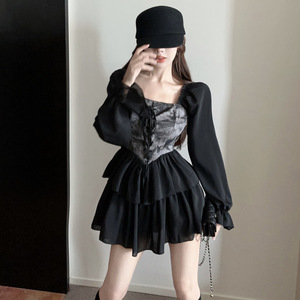 High-End Irregular Patchwork Dress Square Neck Tie-Waist Casual Daily Wear For Women Solid Color YX-9030 - Product Image 3