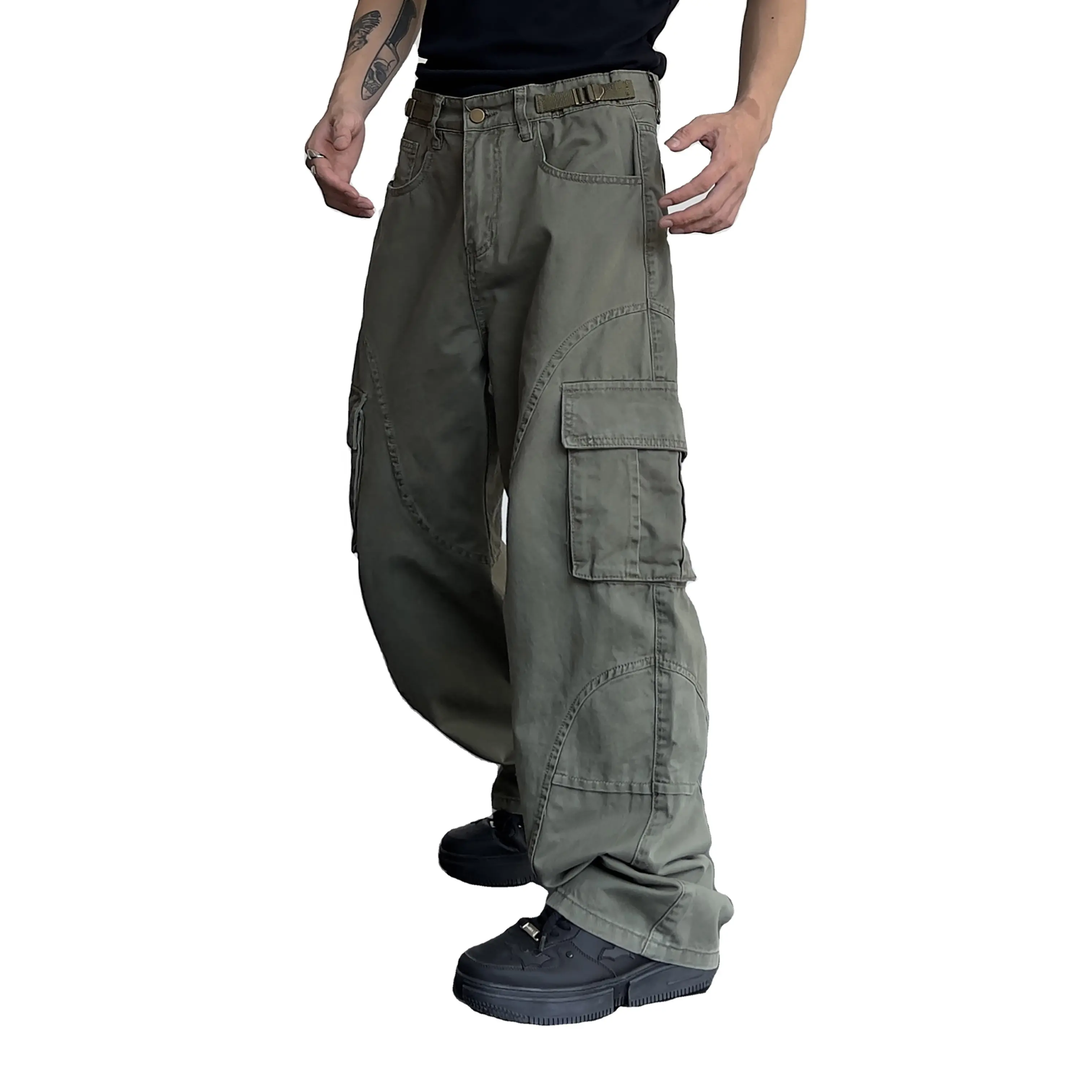Özel gevşek Fit yardımcı cepler erkek pantolon rahat Streetwear Baggy dimi kargo pantolon erkekler için kargo koşucu pantolonu