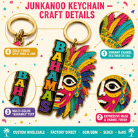 Porte-clés Souvenir Personnalisé SEDEX Carnival Junkanoo des Bahamas, Émail Dur, Remplissage de Couleur, Impression UV, Écologique, Doré Brillant