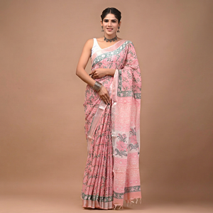 Sari de Algodón y Lino BAGRU BLOCK al por Mayor, Estampado a Mano, Ropa Étnica Tradicional India, Ligero y Transpirable, Estilo Rajasthan - Product Image 1