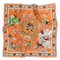 Foulard carré long en satin de soie 100% pour femme, motif floral orange vintage, collection printemps, 90x90cm, pour le cou, la tête, le hijab ou comme châle, vente en gros