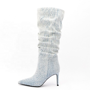Light Soft Upper Pleated Pointy Toe Women's Boots Thin High Heel <b>Shoes</b> Denim Big Size 46 Knee High Boots - Product Image 2