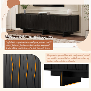 Meuble TV en bois grainé style Mid-Century avec porte ondulée pour téléviseurs 65+ pouces, console multimédia rustique avec espace de rangement, base robuste, meuble de salon - Product Image 2