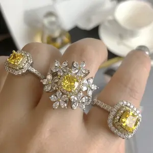 באיכות גבוהה קריסטל פרח טבעת לנשים צהוב כיכר ריינסטון בלינג טבעת אירוסין