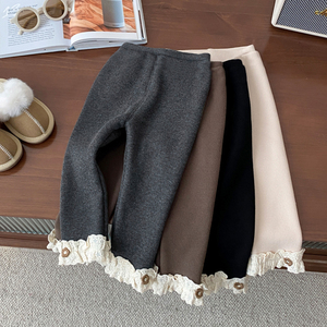 Leggings foderati in pile per bambini eleganti in pizzo Slim Fit per bambine autunno inverno nuovi pantaloni caldi e versatili - Product Image 1