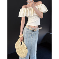 T-shirt court décontracté basique pour femme, coupe ajustée, à épaules dénudées, manches courtes, ourlet à volants, taille froncée, qualité supérieure, vente en gros, été