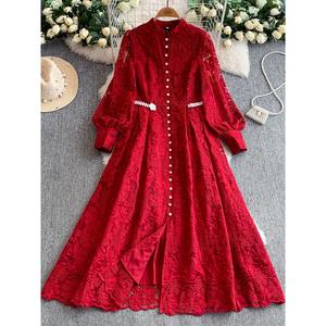 Abiti francesi mondani stile retrò pizzo ricamato abito <span class=keywords><strong>donna</strong></span> autunno perla con fibbia vita stringe Vestidos sottili - Product Image 3