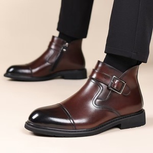 Botas de Vestir de Cuero Genuino para Hombre, con Hebilla y Correa, Punta Redonda, Color Sólido, para Oficina, Otoño - Product Image 2
