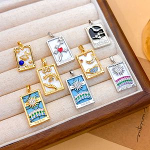 Pendentifs rectangulaires HD873 Mystic Tarot en or et argent bicolore, émail, zircon, lune, cœur, soleil, arc-en-ciel pour la fabrication de bijoux - Product Image 2