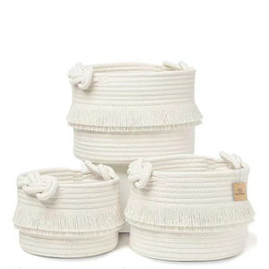 Handmade Cotton <b>Rope</b> Woven <b>Storage</b> <b>Basket</b> Round White And Brown Tassel Design Toy Organizer Standing Type - Product Image 2