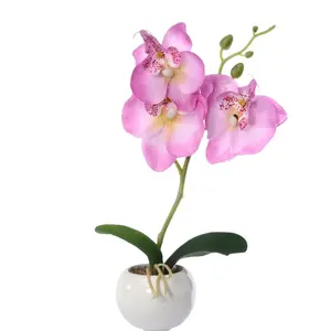 Venta al por mayor de la orquídea flores artificiales 3 jefes de planta en maceta de flores Phalaenopsis orquídea mariposa orquídea Artificial en olla