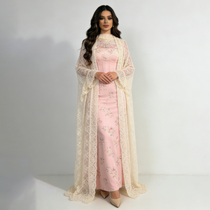 <span class=keywords><strong>Vestidos</strong></span> Elegantes <span class=keywords><strong>de</strong></span> Moda para Mujer en <span class=keywords><strong>Rosa</strong></span> Claro con Bordado Floral, Capa <span class=keywords><strong>de</strong></span> Encaje, Cuello Alto, Manga Larga con Campana, Cola <span class=keywords><strong>de</strong></span> Sirena - Product Image 5