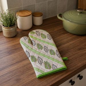 Premium Cotton Quilted Oven Mitten with Green Leaf Print – Heat Resistant Kitchen <b>Glove</b> for <b>Cooking</b> & Baking - Product Image 2