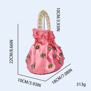 Ladies Fashion Open for <strong>Green</strong> Crystal Pearl Canvas <strong>Clutch</strong> with Drawstring Handmade Satin Handbag Purse Women Cross-Body Strap - Product Image 6
