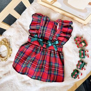Pet Christmas Dress Plaid Skirt With <b>Bow</b> For Small Dogs <b>Red</b> And Navy Blue Polyester Four Seasons Wear - Product Image 1