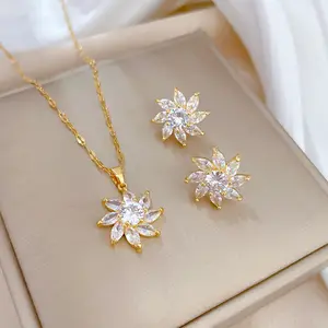 Earrings Set Jewelry Zircon Emerald Gemstone Pendant Necklace Gold Plated Stainless Steel Luxury for Women CLASSIC JIU 2 Pcs