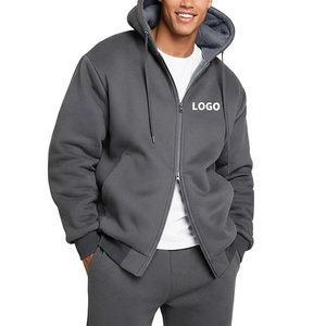 Sweat-shirt à capuche zippé gris pour homme, doublé en polaire, épais et chaud, en sherpa, veste d'hiver pour temps froid - Product Image 1