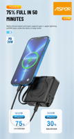 Batterie externe magnétique murale Mini GaN 10000mAh 20W PD 22.5W QC 15W avec chargeur sans fil et câbles intégrés, température stable A338