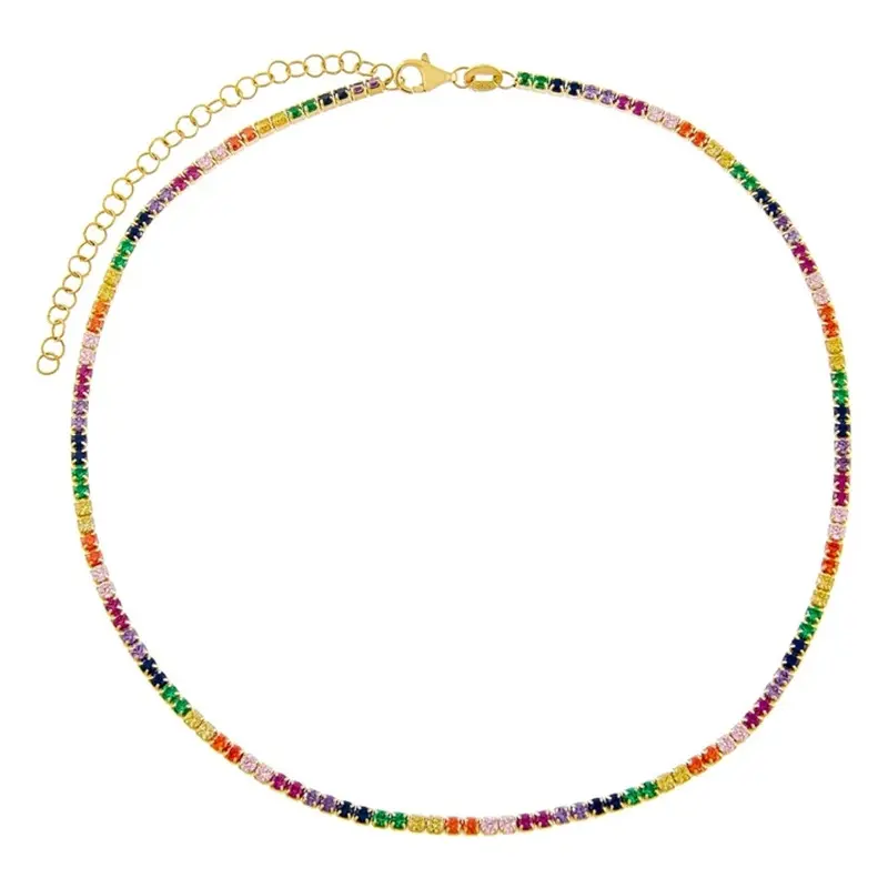 Brass colorful rainbow tennis necklace baguette icy diamond cz tennis chain 18k choker multi color stone necklace jewelry women