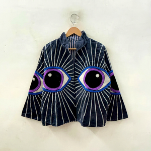 Chaqueta de terciopelo con ojo turco hecha a mano, estilo vintage bohemio chic, abrigo llamativo con frente abierto, kimono bordado de invierno - Product Image 1