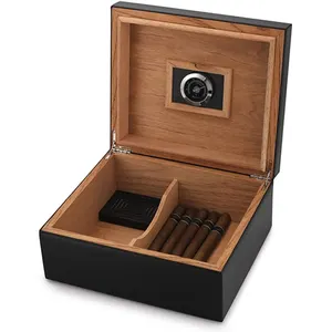 海螺表雪松收纳盒可容纳25-50支雪茄，优雅的皮革，手动收纳盒，带加湿器和湿度计，黑色