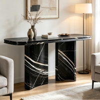 Table console en marbre noir et or, style moderne et luxueux, en pierre naturelle, pour entrée, couloir, décoration intérieure de maison ou de villa