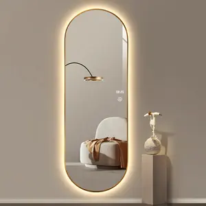 Custom Vintage Oval Shape Blackit Large Black Metal Framed LED Full Length Dressing Mirror With Light Espejo Spiegel