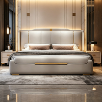 Modernes Luxus-Lederbett in Kingsize mit LED-Kopfteil, Goldverzierung und Kunststoff-Stauraum für Hotel-Schlafzimmermöbel