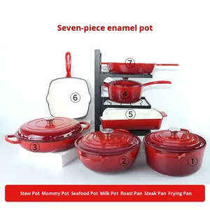 <strong>Enamel</strong> Cast Iron Seven-piece Pot Set Uncoated Non-stick Multi-function Stew Pot <strong>Frying</strong> <strong>Pan</strong> Modern Design Universal Stove - Product Image 5