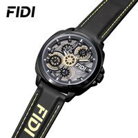 Montre mécanique automatique FIDIAutomatic pour homme, boîtier noir, bracelet vert, cadran squelette, engrenages apparents, aiguilles lumineuses, résistante à l'eau, montre de sport tendance