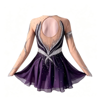 Robe de patinage artistique violette foncée avec strass, maille transparente, manches longues, dos ouvert, pour compétition et spectacle (adultes et enfants)