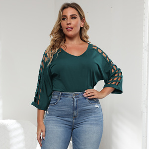 Camisetas Holgadas de Talla Grande para <span class=keywords><strong>Mujer</strong></span>, Cuello en V, Color Sólido Informal, Manga Murciélago, Caladas, para Otoño - Product Image 6