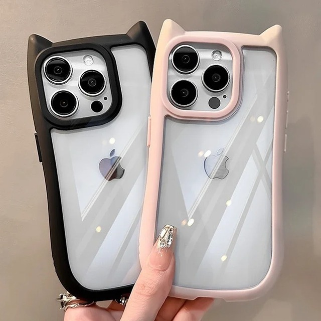 Luxury Cute Cat Ear Shaped 3D Clear Shockproof Phone Case with Phone Grip for 16 Pro Max 15 14 13 12 11
